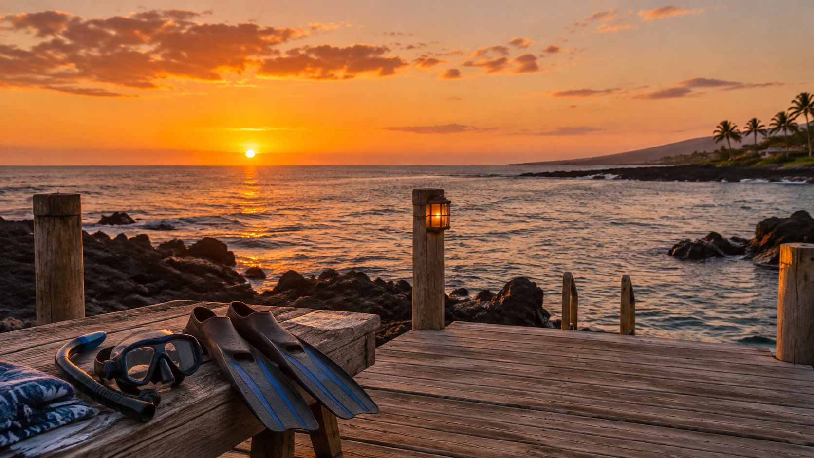 Snorkel gear rests on a wooden dock overlooking the ocean during a vibrant tropical sunset in Hawaii.