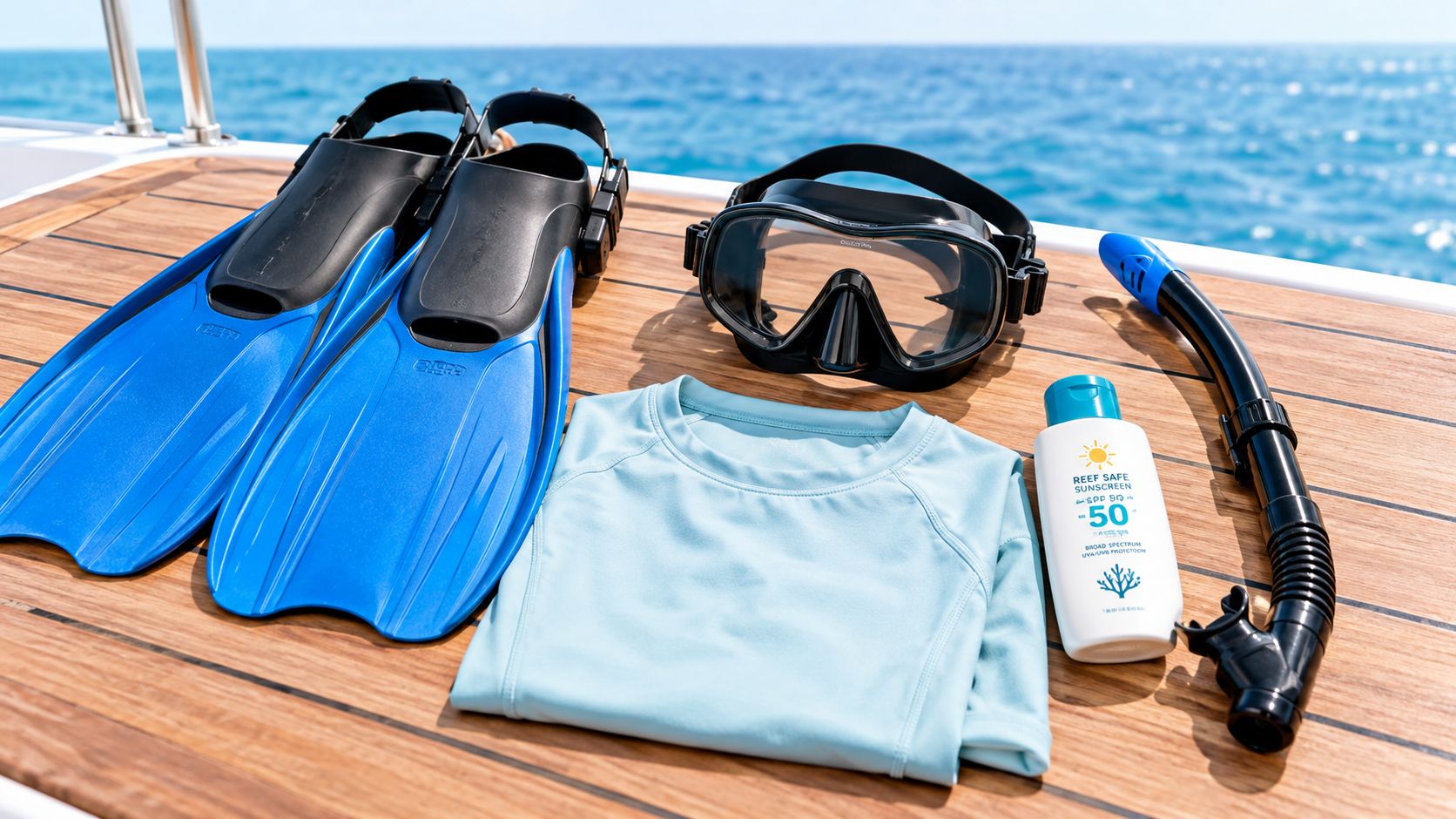 A set of snorkeling gear including fins, mask, snorkel, rash guard, and sunscreen on a boat deck.