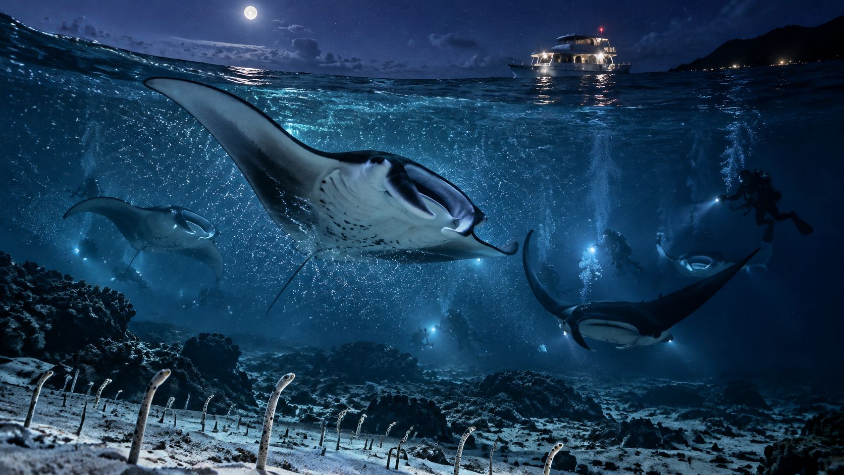Scuba divers swimming underwater with majestic manta rays at night near a boat in Hawaii.