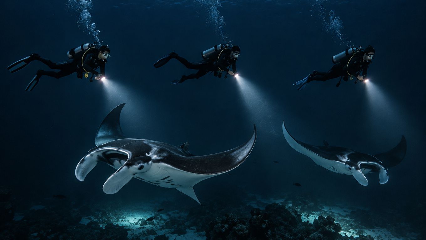 Three scuba divers swimming underwater with flashlights illuminating two majestic manta rays in the dark ocean.