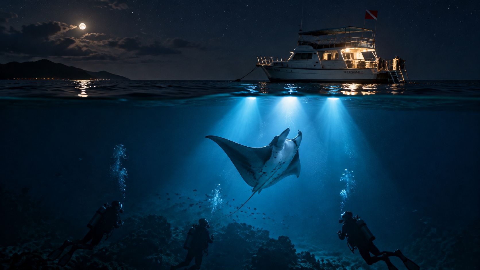Scuba divers watch a graceful manta ray swimming under the lights of a boat at night.