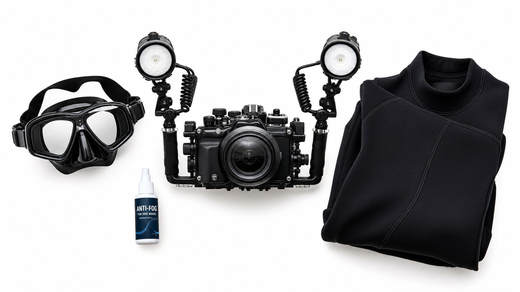 A professional underwater photography camera rig with lights, a diving mask, anti-fog spray, and a wetsuit.