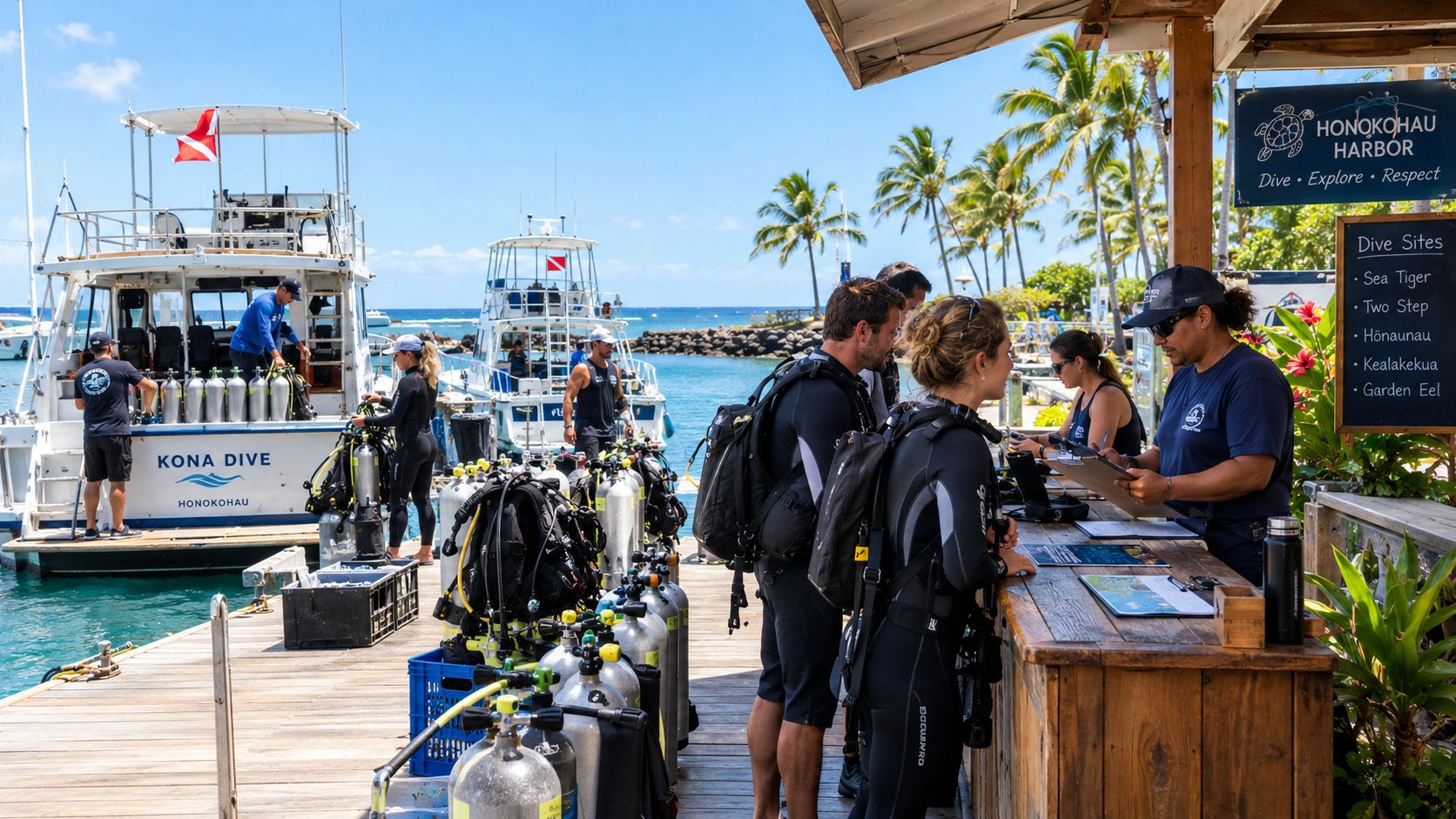 Scuba divers check in at the Kona Diving Company desk on a wooden pier near boats.