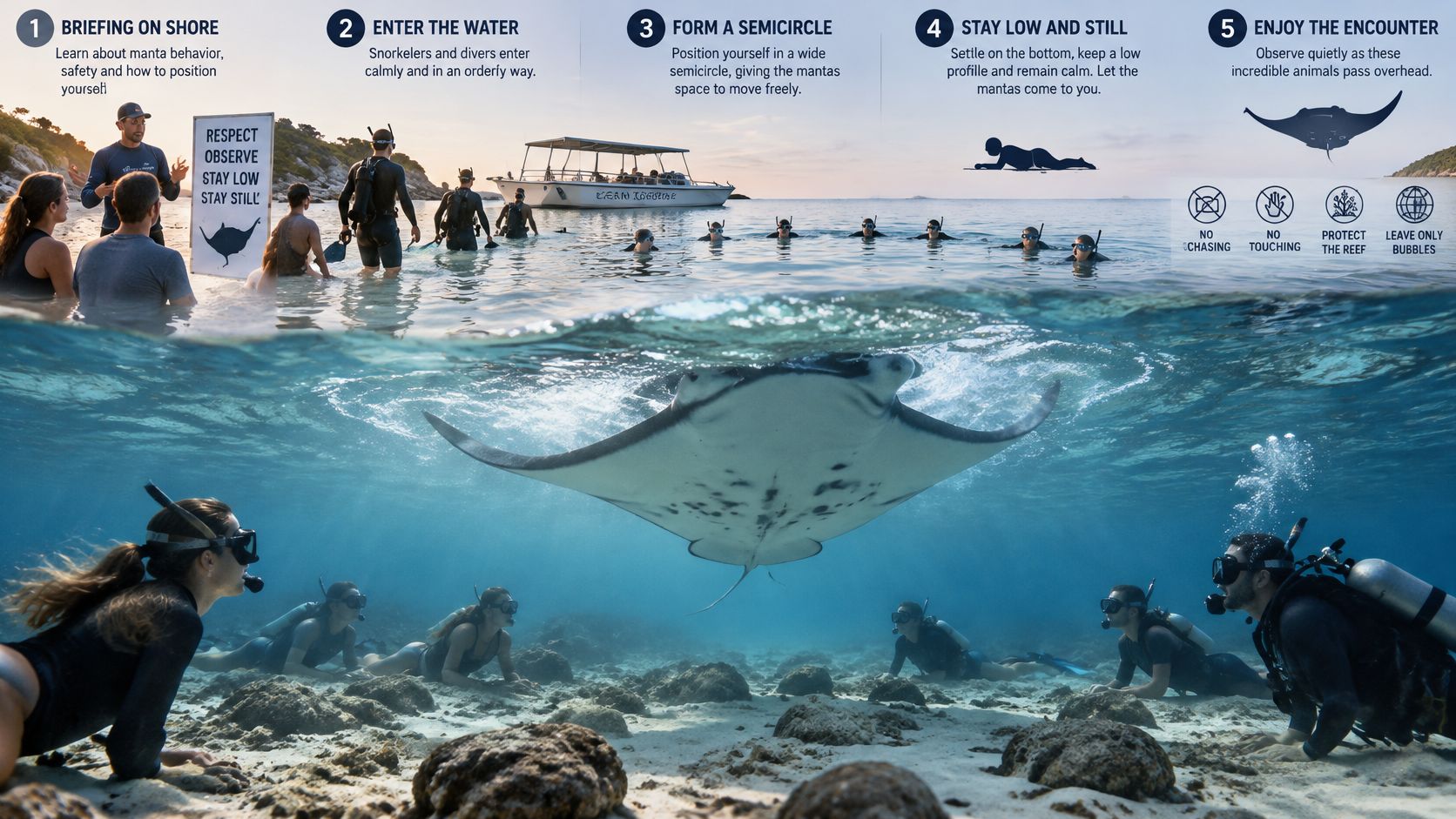 A group of snorkelers and scuba divers observe a manta ray while positioned underwater in Hawaii.