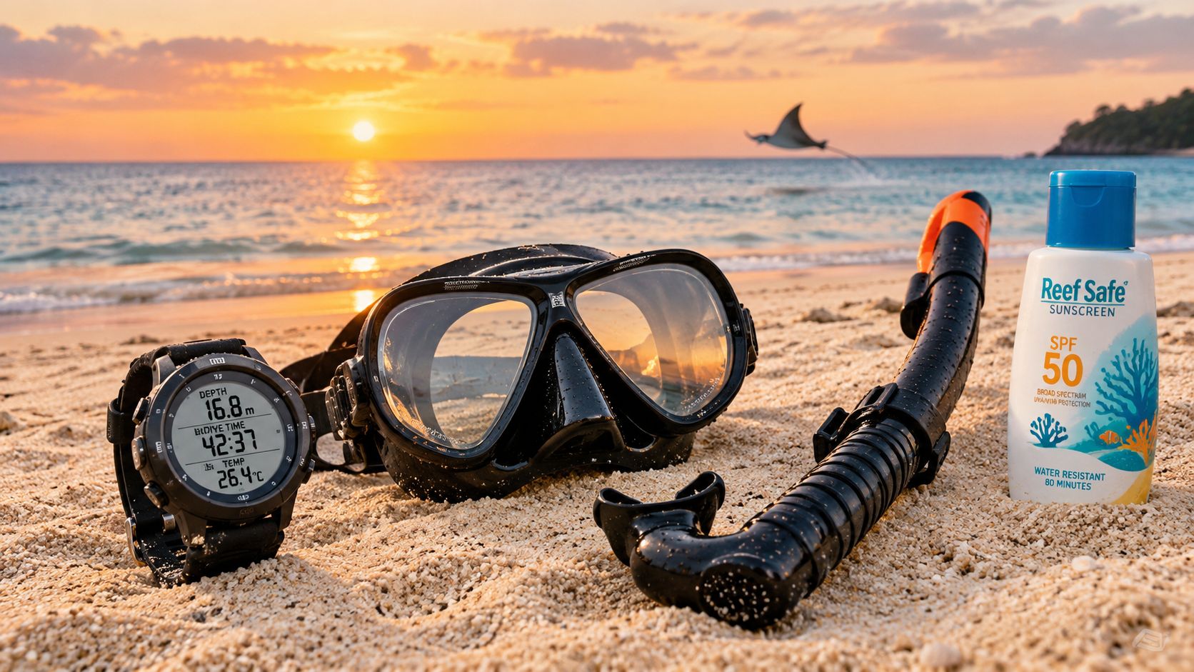 Scuba diving gear including a mask, snorkel, and dive watch on a tropical beach at sunset