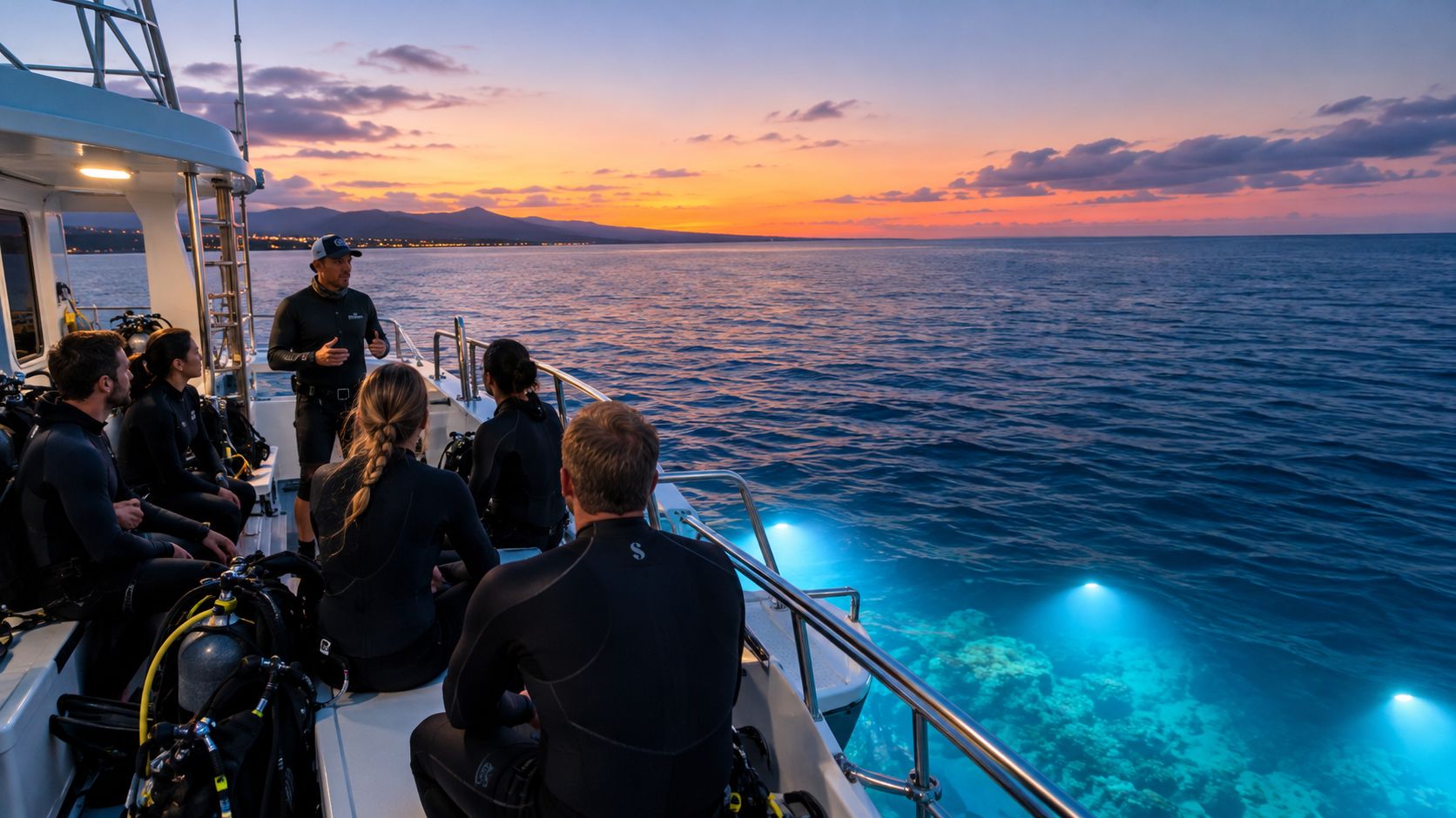 A dive boat crew briefs a group of scuba divers during a beautiful sunset over the ocean.
