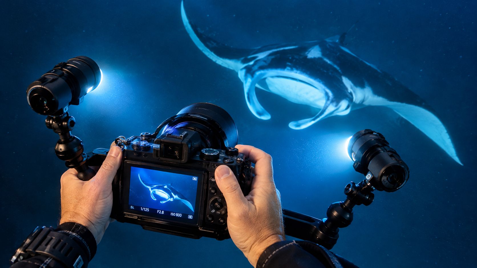 A diver captures a photograph of a majestic manta ray swimming in the deep blue ocean water.