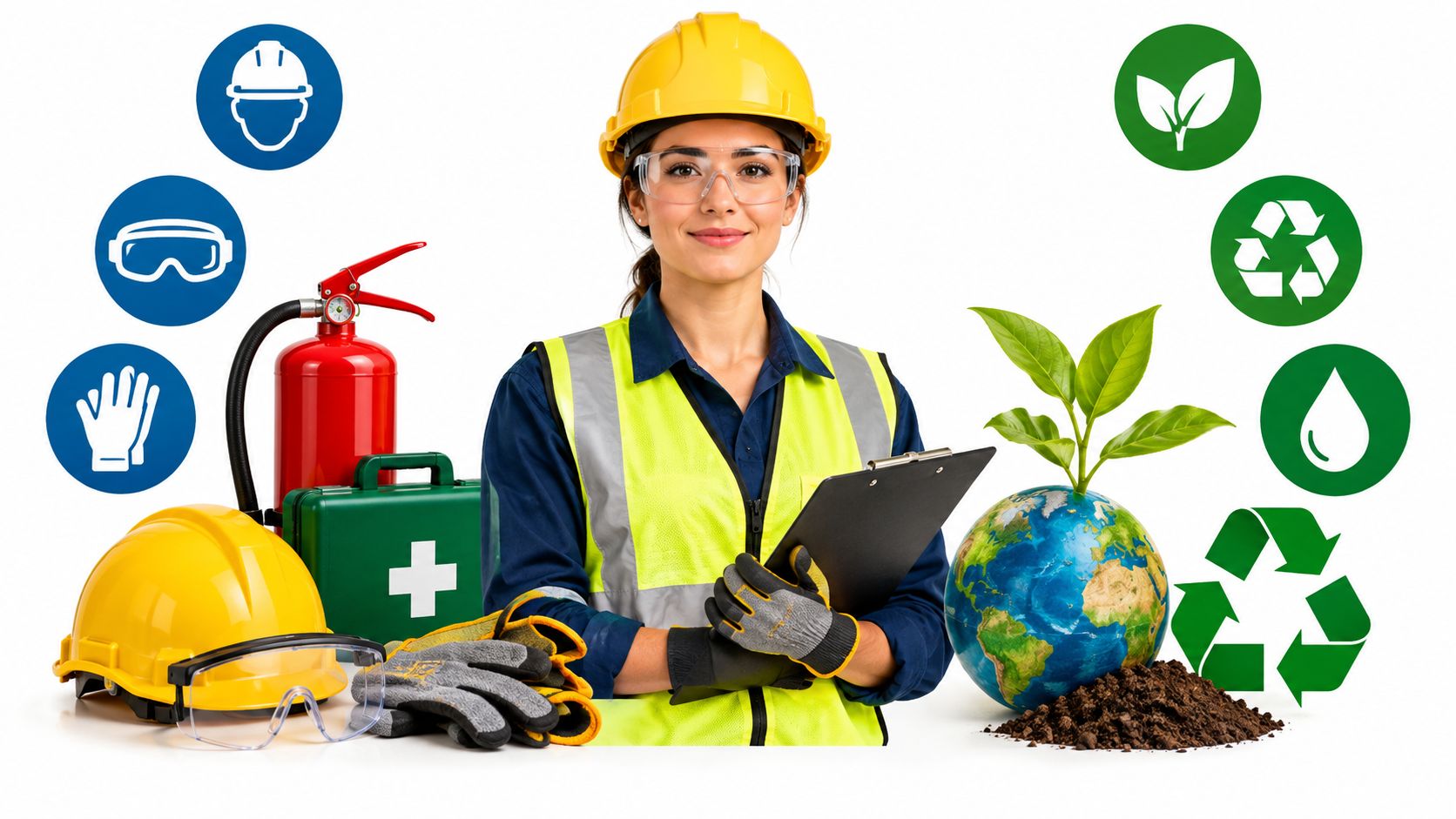 A female industrial professional wearing safety gear posing next to safety equipment and eco-friendly icons.