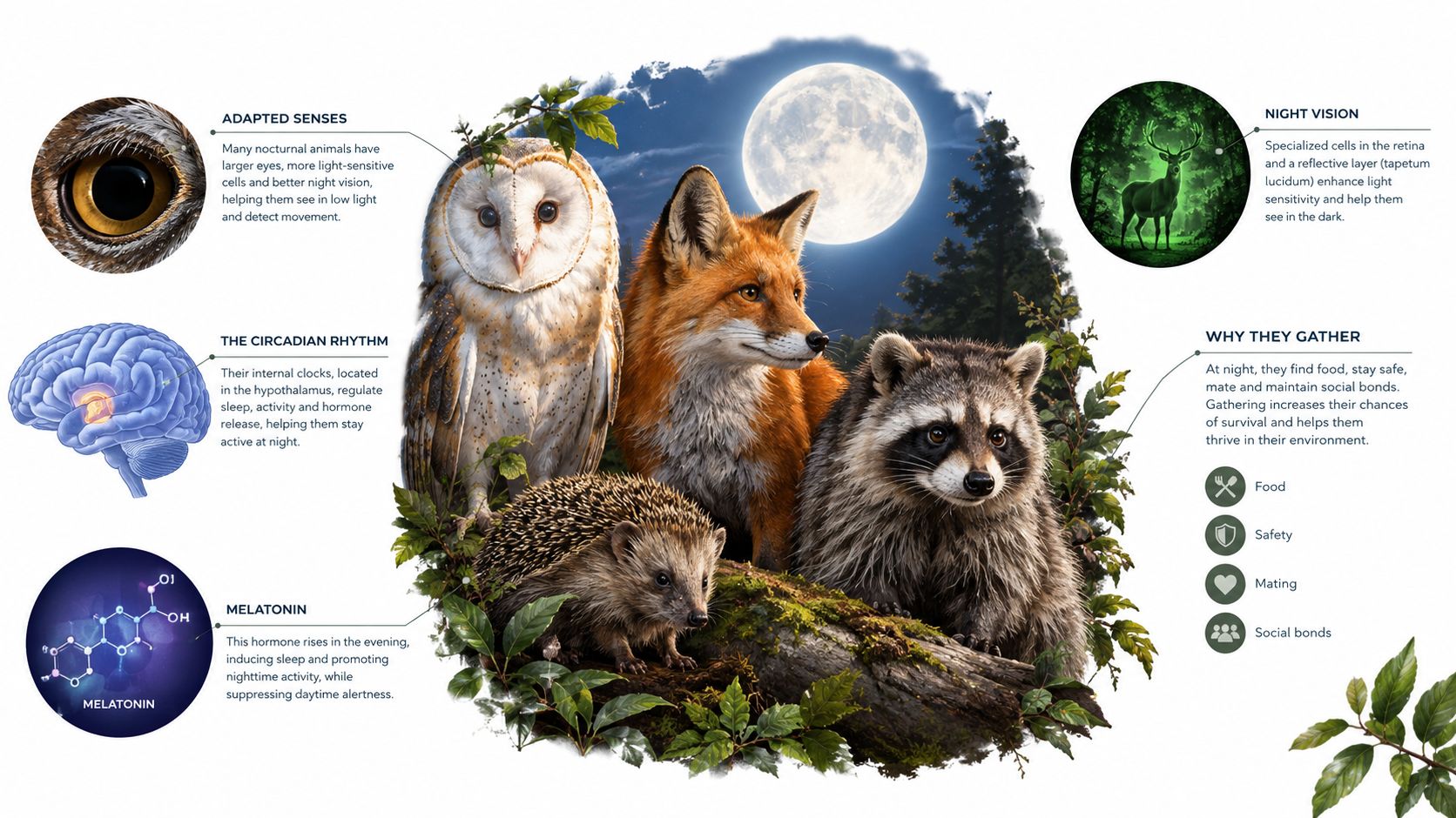 An educational infographic illustrating nocturnal animal adaptations like night vision, circadian rhythms, and hormone regulation in nature.