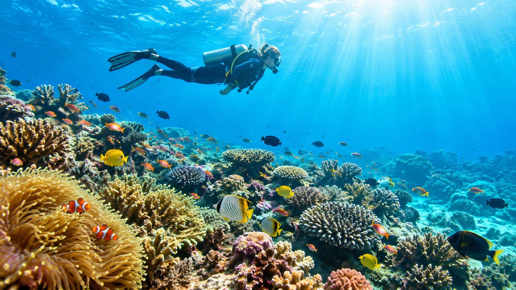 A scuba diver explores a colorful tropical coral reef teeming with vibrant fish in clear blue ocean water.