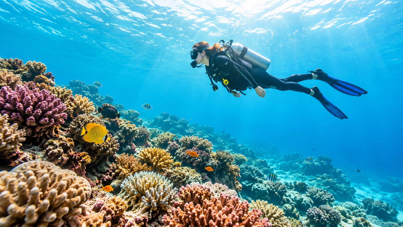 A scuba diver explores a colorful coral reef filled with tropical fish in the clear blue ocean.