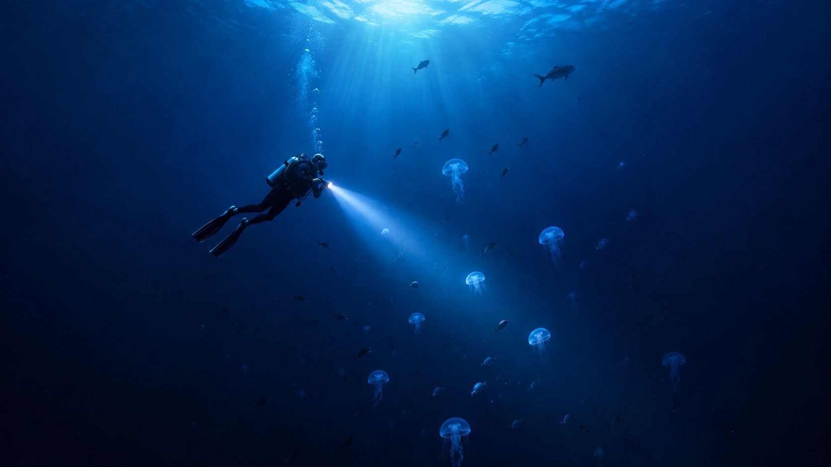 A scuba diver explores the deep blue ocean while illuminating a school of jellyfish with a flashlight.