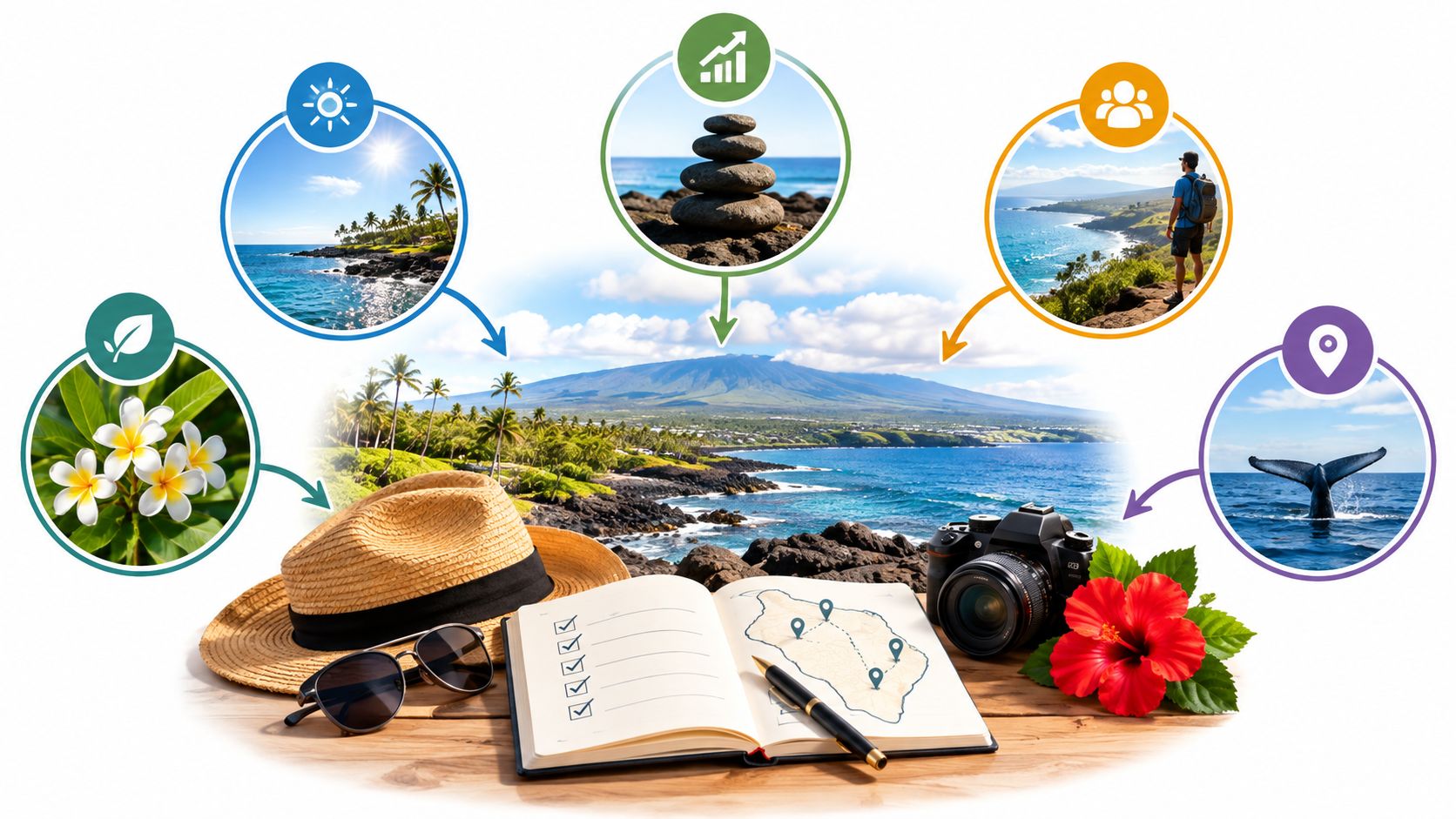 A travel planning flatlay featuring a notebook with a map, a straw hat, and vacation inspiration icons.