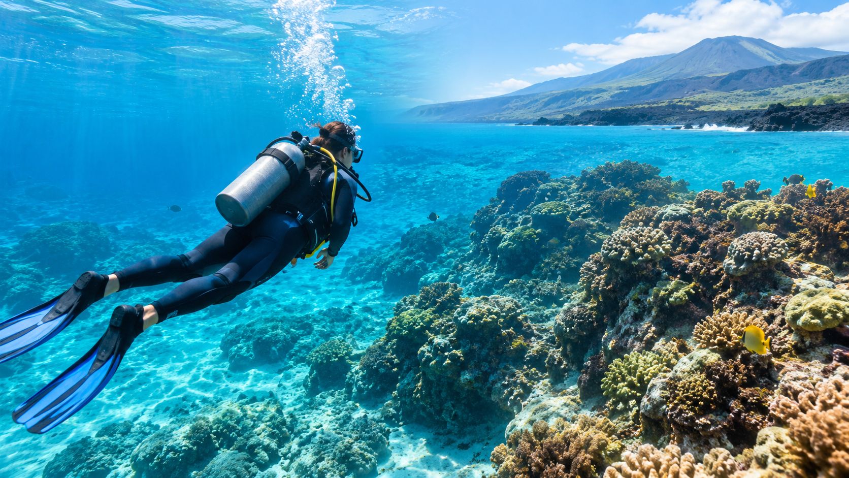 A scuba diver explores a colorful coral reef off the coast of Kona, Hawaii, with mountains visible above.