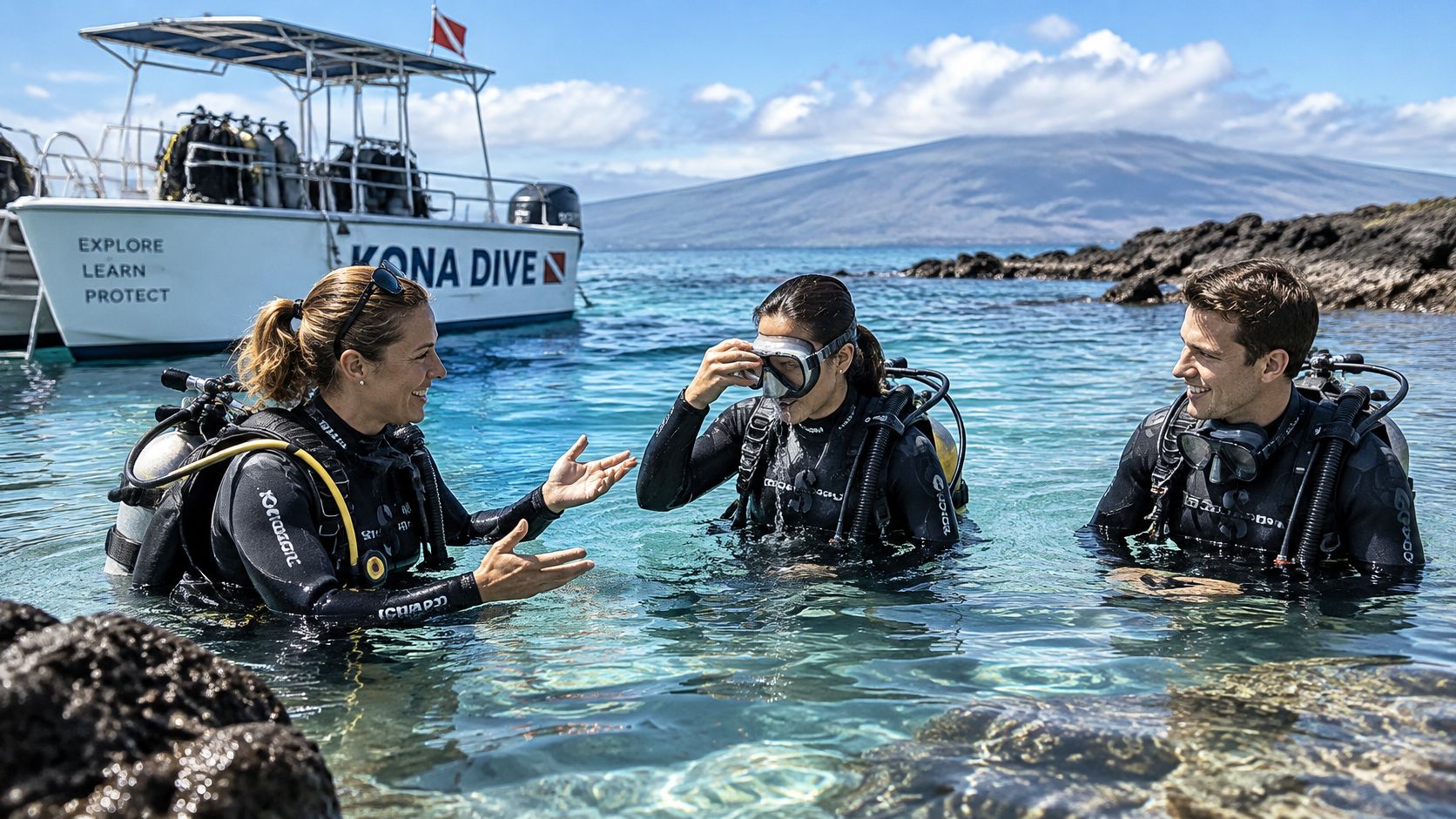 A scuba instructor talks to two divers in clear blue water next to a Kona Dive boat.
