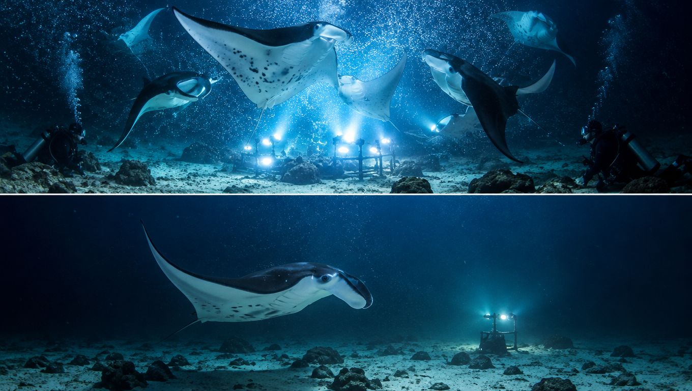 Scuba divers use bright underwater lights to attract majestic manta rays swimming in the deep ocean.