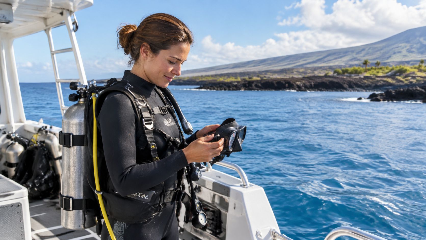A female scuba diver prepares her diving mask while standing on a boat in Hawaii.