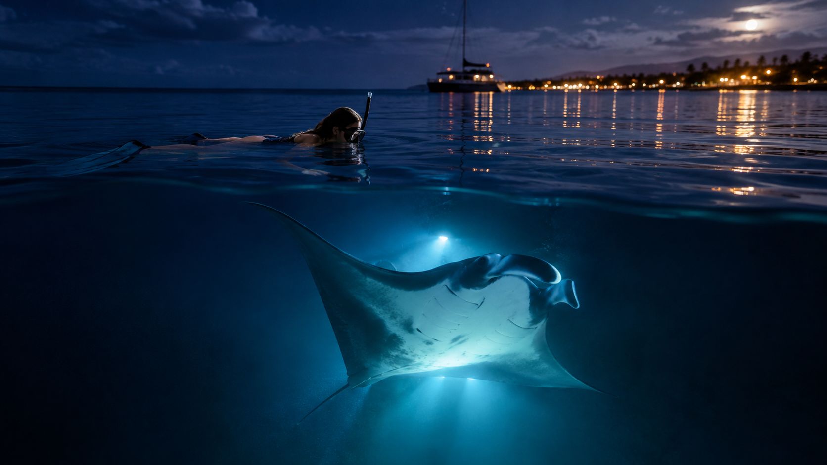 A snorkeler observing a glowing manta ray swimming underwater during a night dive near a boat.