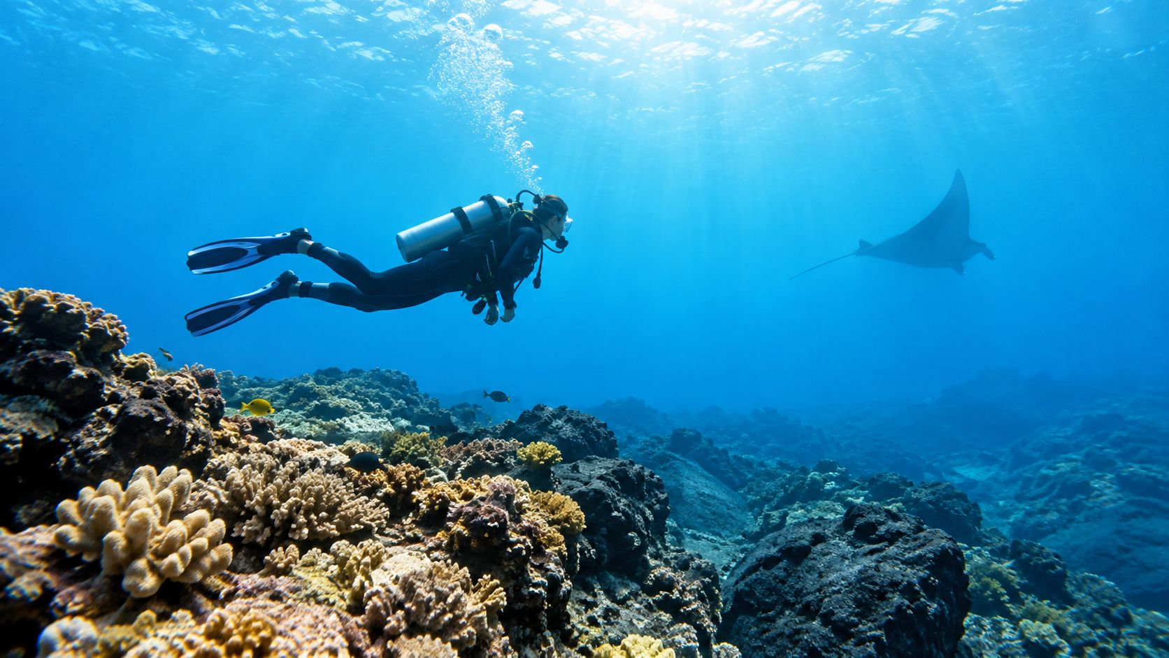 A scuba diver swims near a large manta ray in the clear blue waters of Kona Hawaii.
