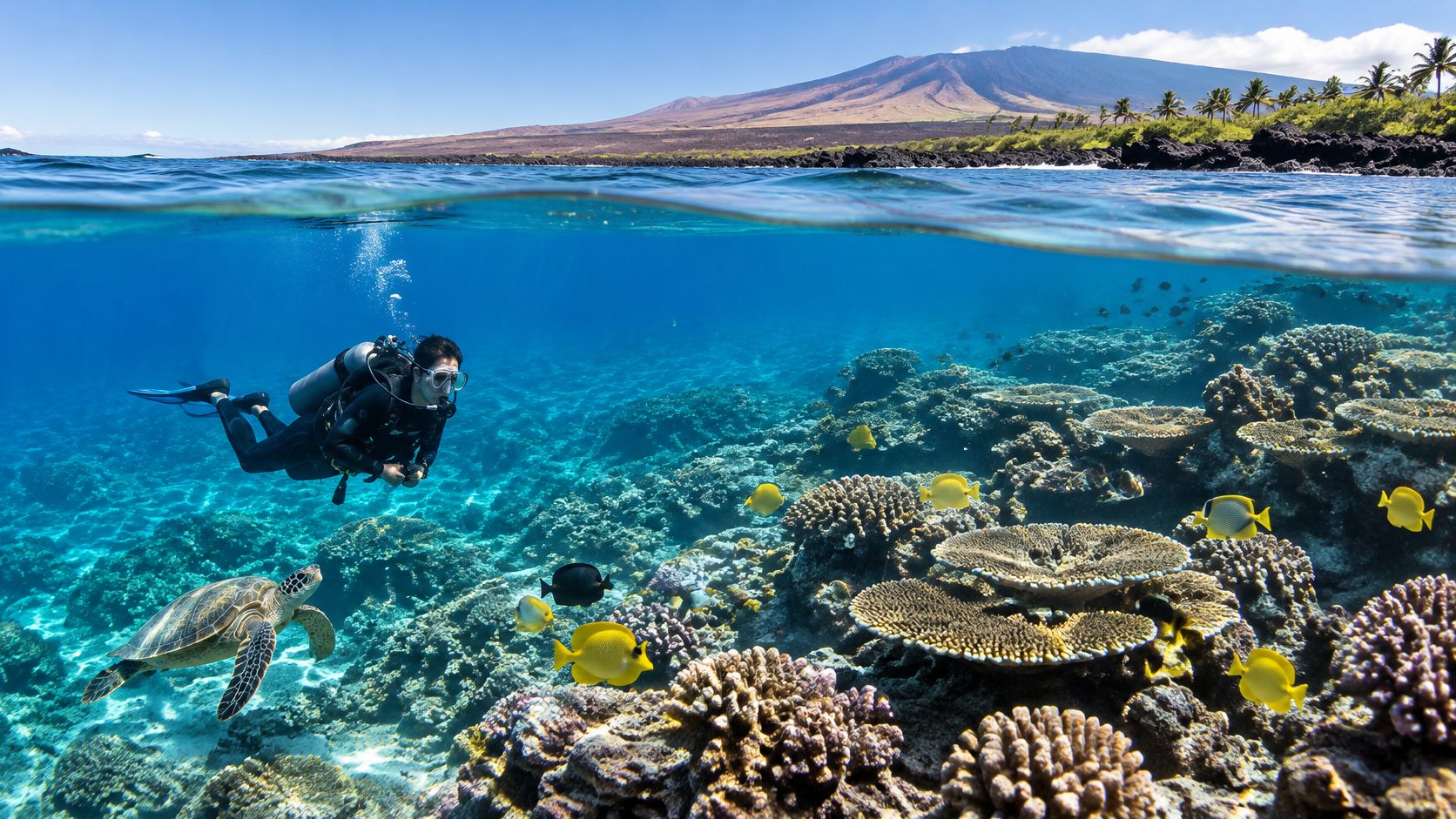 A scuba diver explores a colorful coral reef alongside a sea turtle near the Hawaiian coastline.