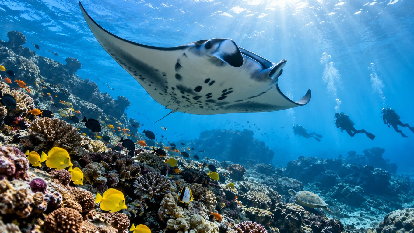 A majestic manta ray swims over a vibrant coral reef near scuba divers in clear blue ocean waters.