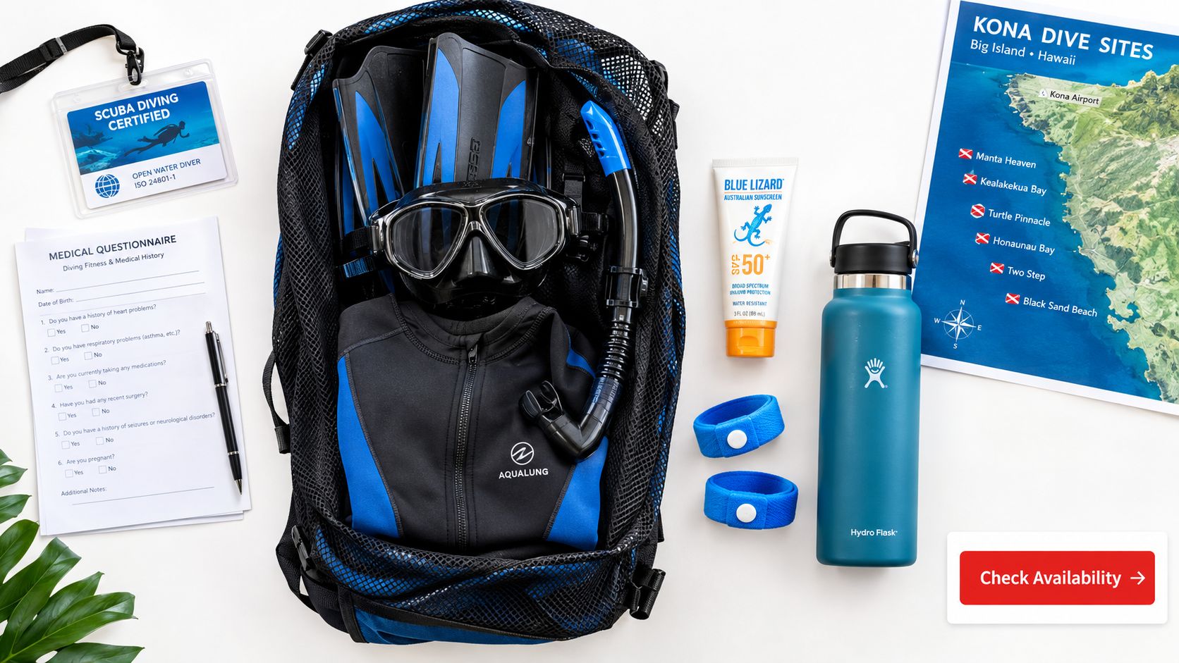 Scuba diving equipment including a snorkel mask, fins, wetsuit, sunscreen, and a map of Kona dive sites.