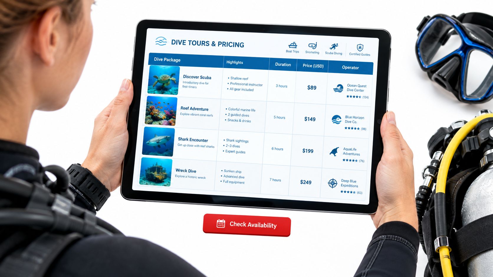 A scuba diver reviews dive tour packages and pricing on a tablet computer with gear nearby.