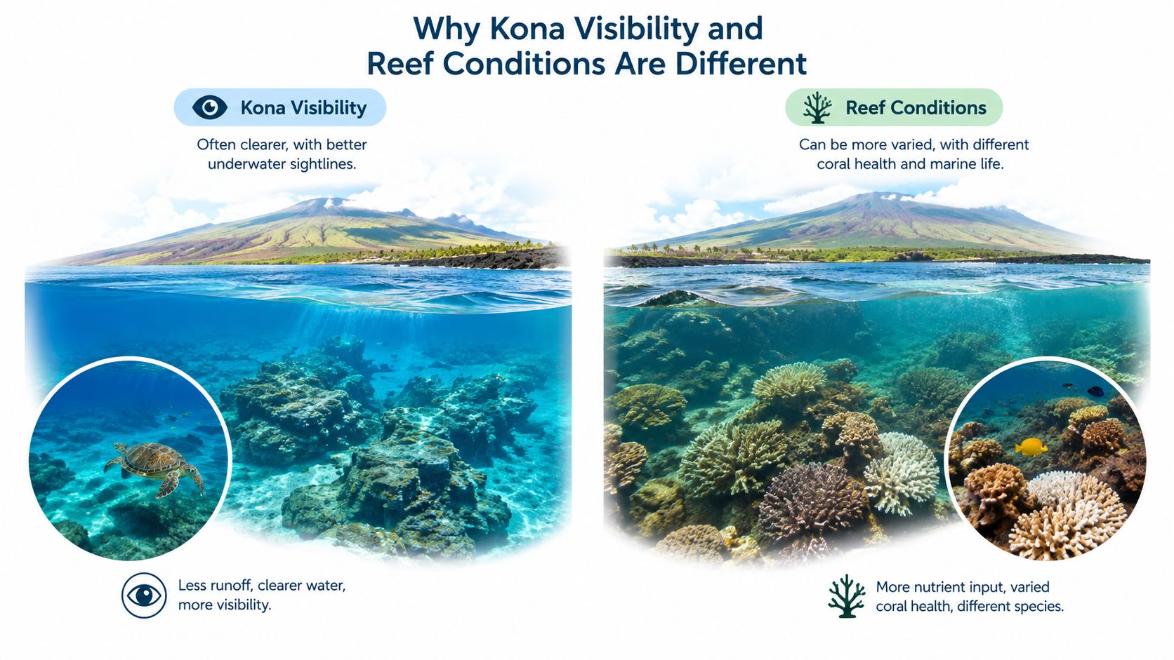 A comparison showing Kona ocean water visibility versus varying coral reef conditions and marine life health.