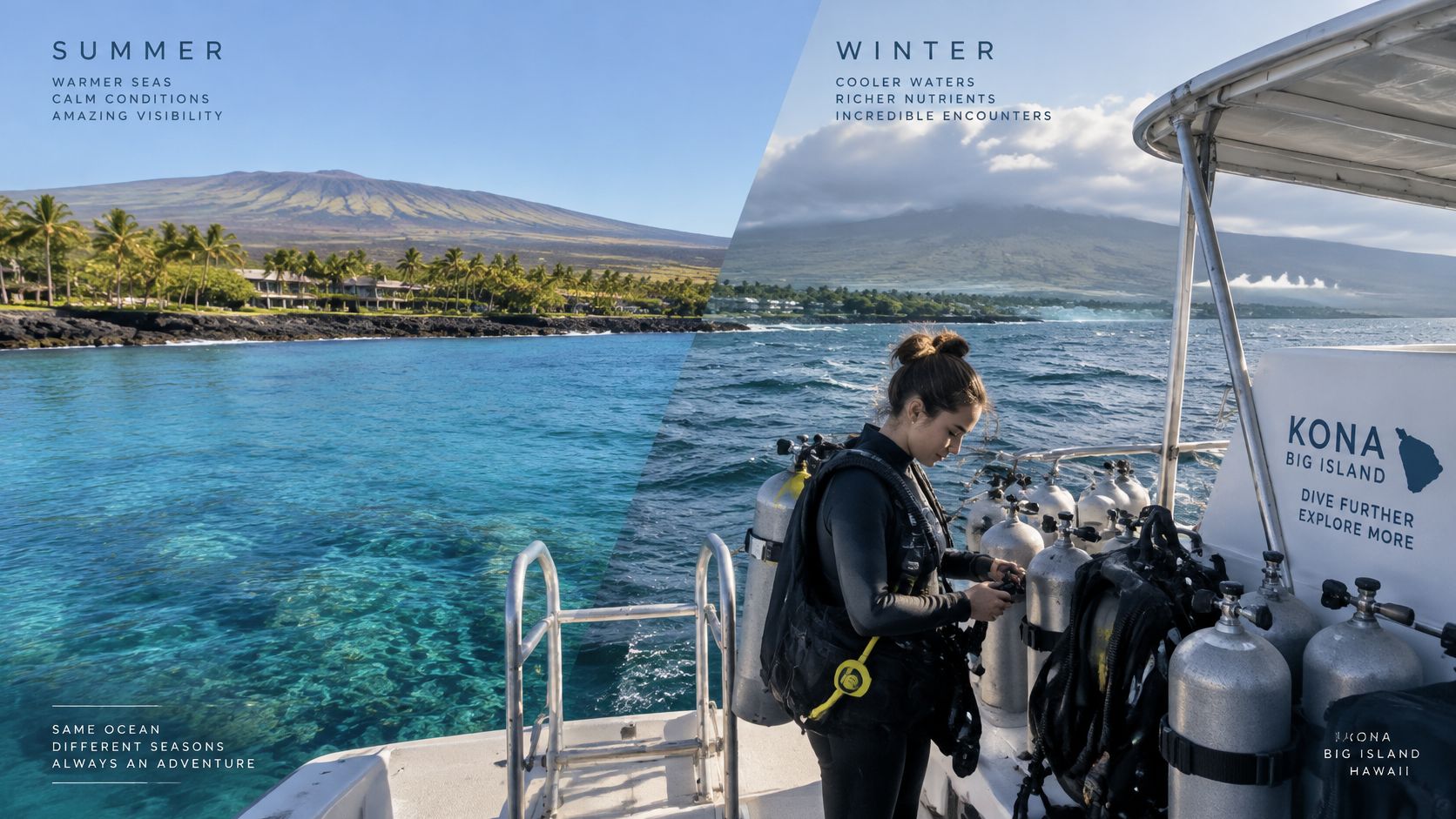 A split screen comparing summer and winter conditions for scuba diving on Kona Big Island, Hawaii.