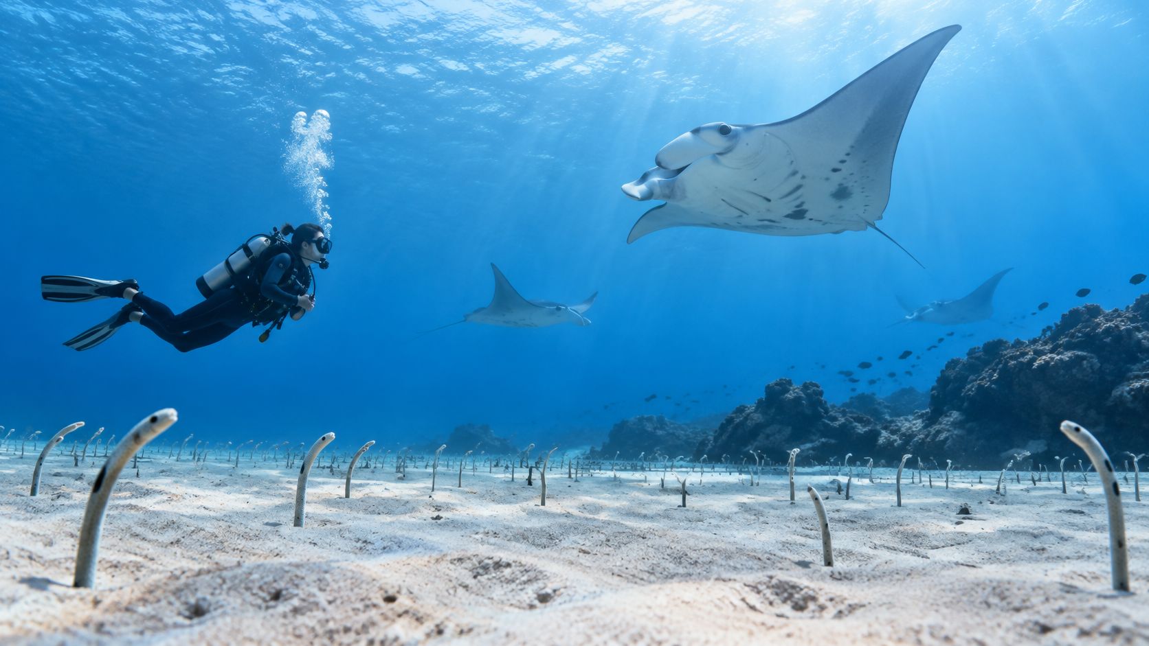A scuba diver swims underwater near a colony of garden eels while manta rays glide above them.