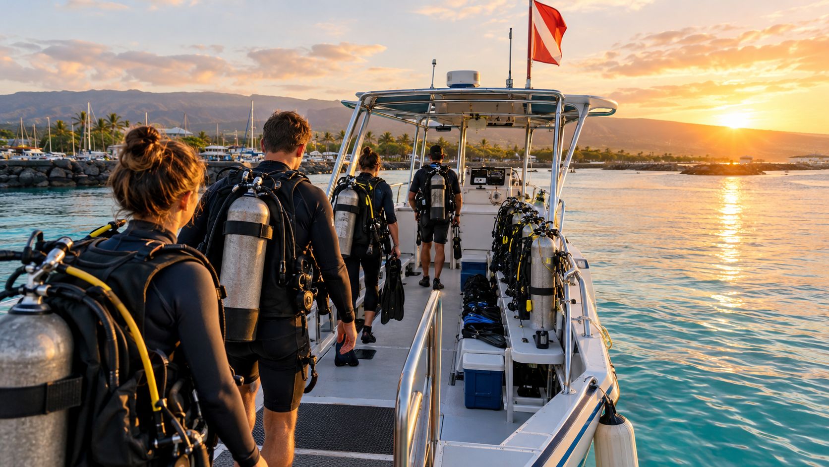 Scuba divers carrying their gear onto a boat at sunrise for a morning dive adventure.