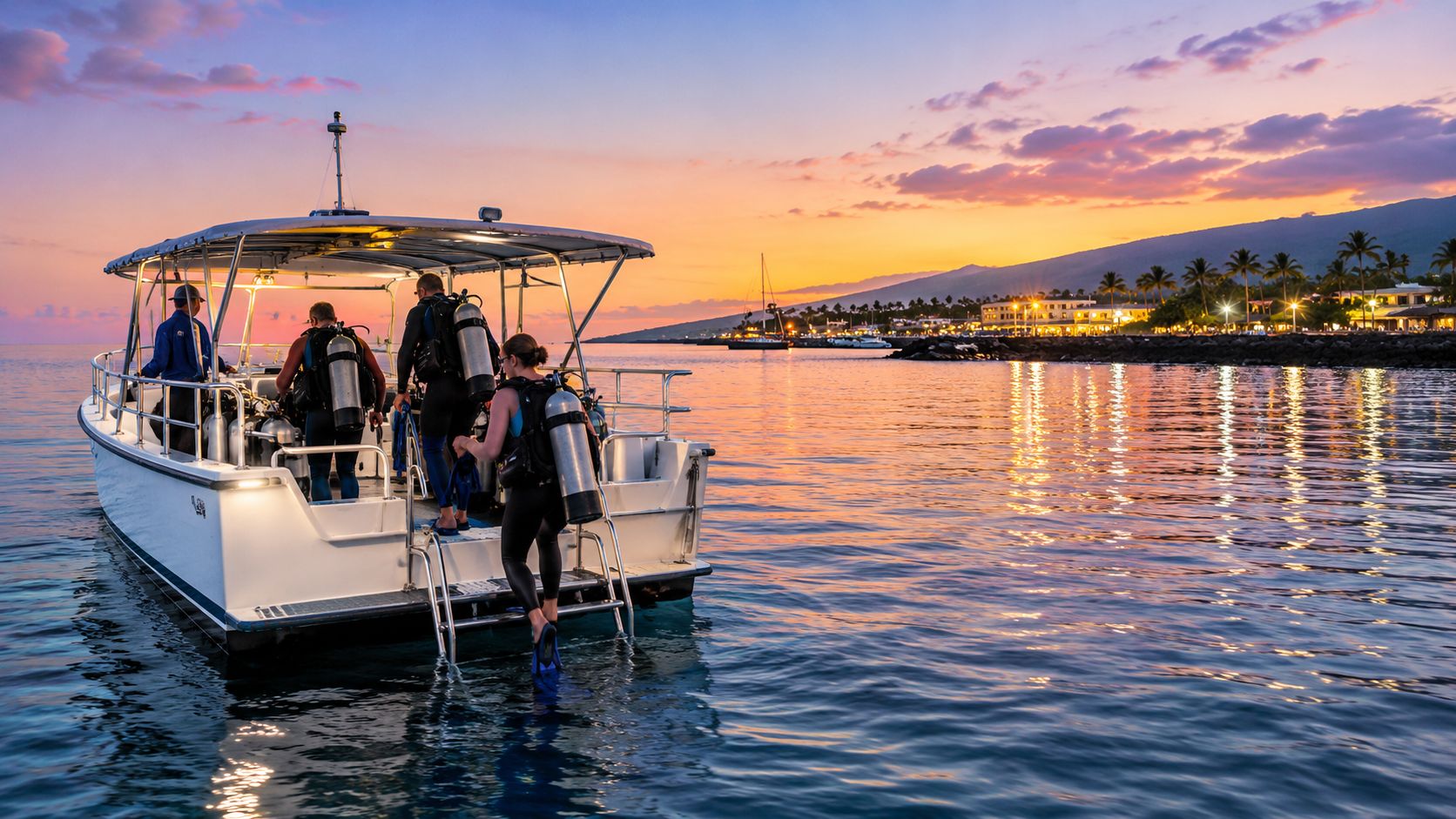 Scuba divers board a boat in the ocean at sunset near a tropical shoreline in Hawaii.