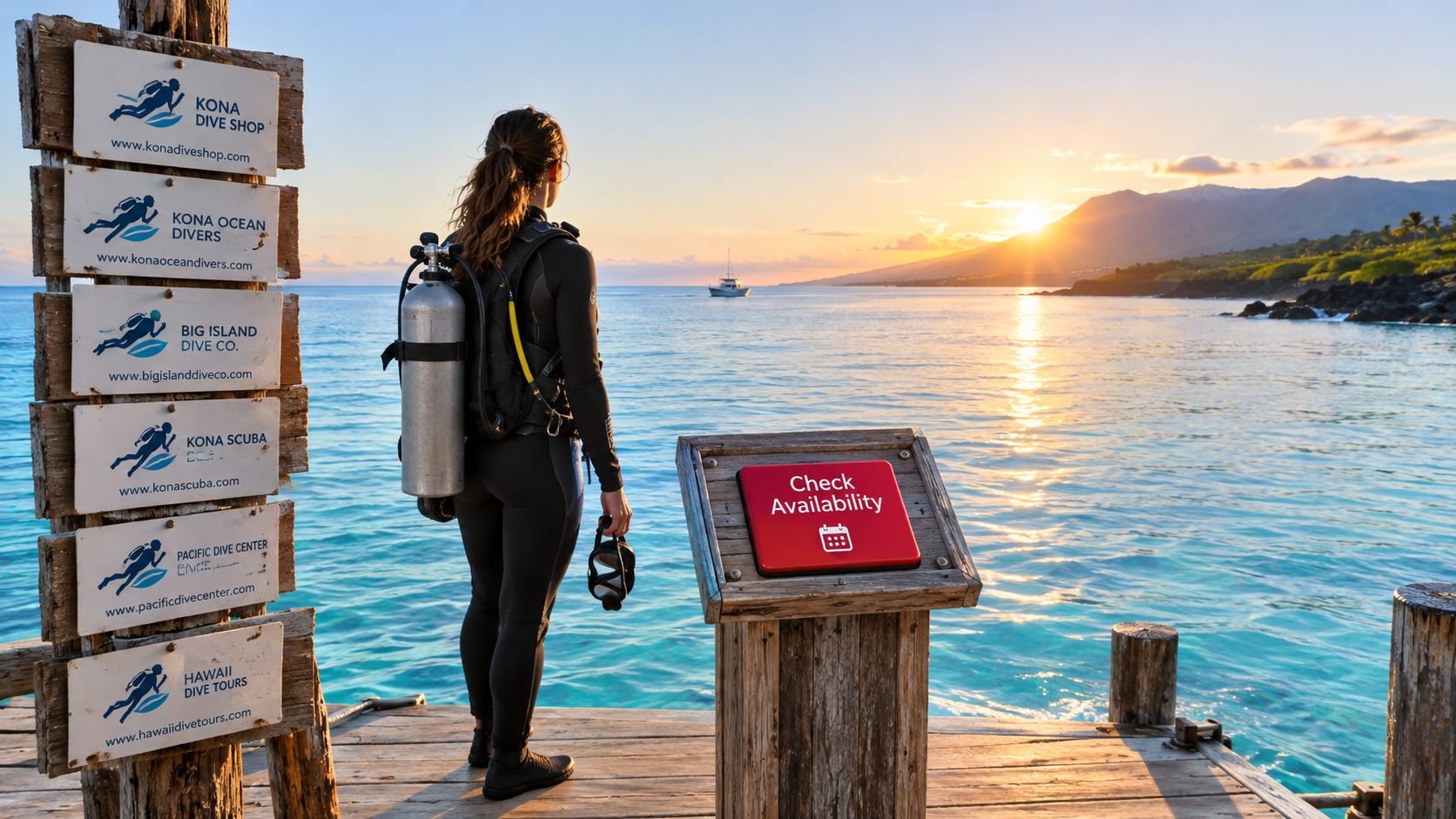 A scuba diver stands on a wooden pier overlooking the ocean at sunset near a sign listing shops.