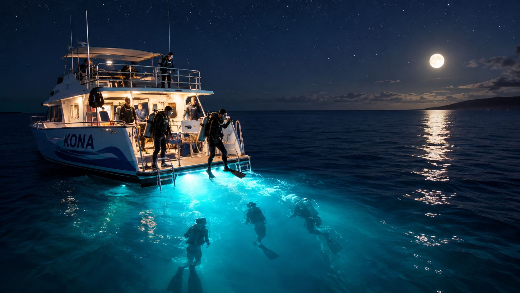 Scuba divers entering the ocean from a boat for a night dive under the bright full moon