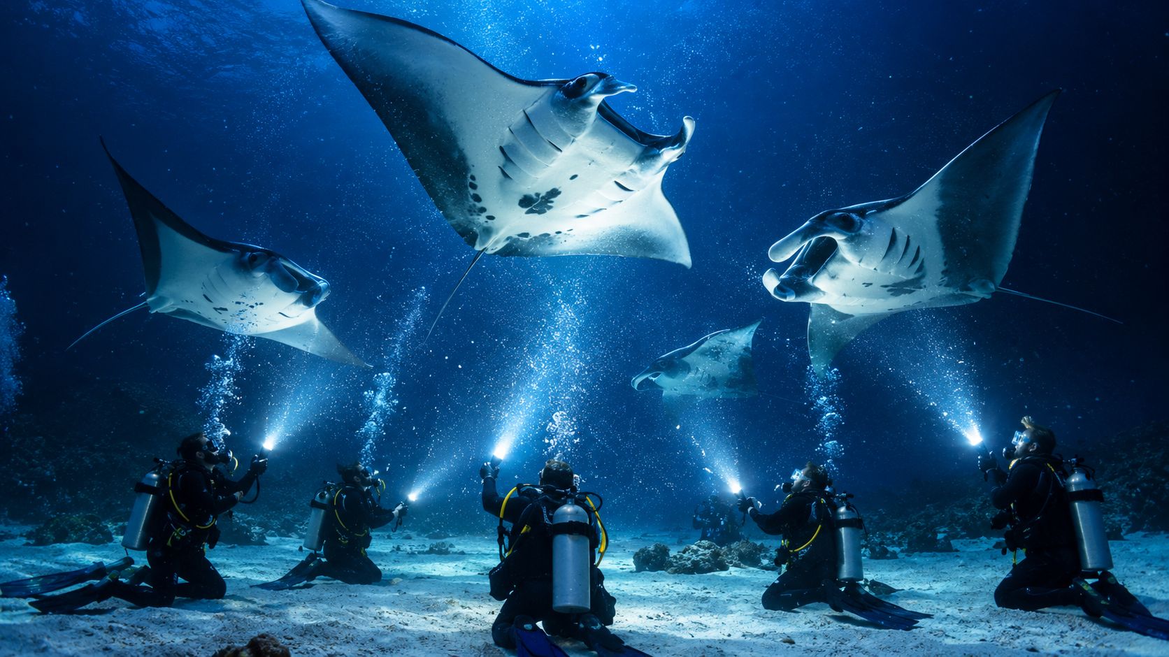 Scuba divers use underwater flashlights to illuminate manta rays swimming in the deep blue ocean.