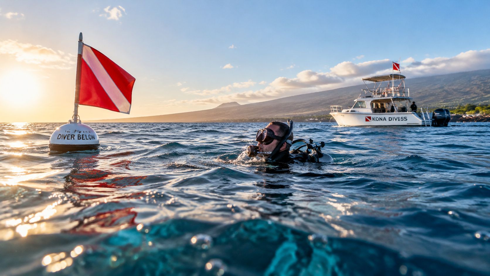 A scuba diver surfaces in the ocean near a dive boat at sunset off the Kona coast.