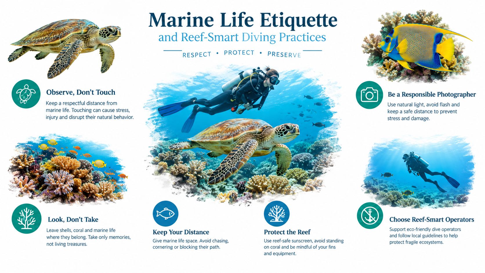 An educational infographic about marine life etiquette and eco-friendly diving practices for reef preservation and safety.