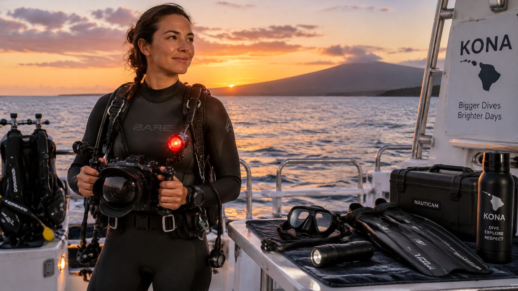 A female scuba diver prepares for a sunset dive in Hawaii with professional underwater photography equipment.
