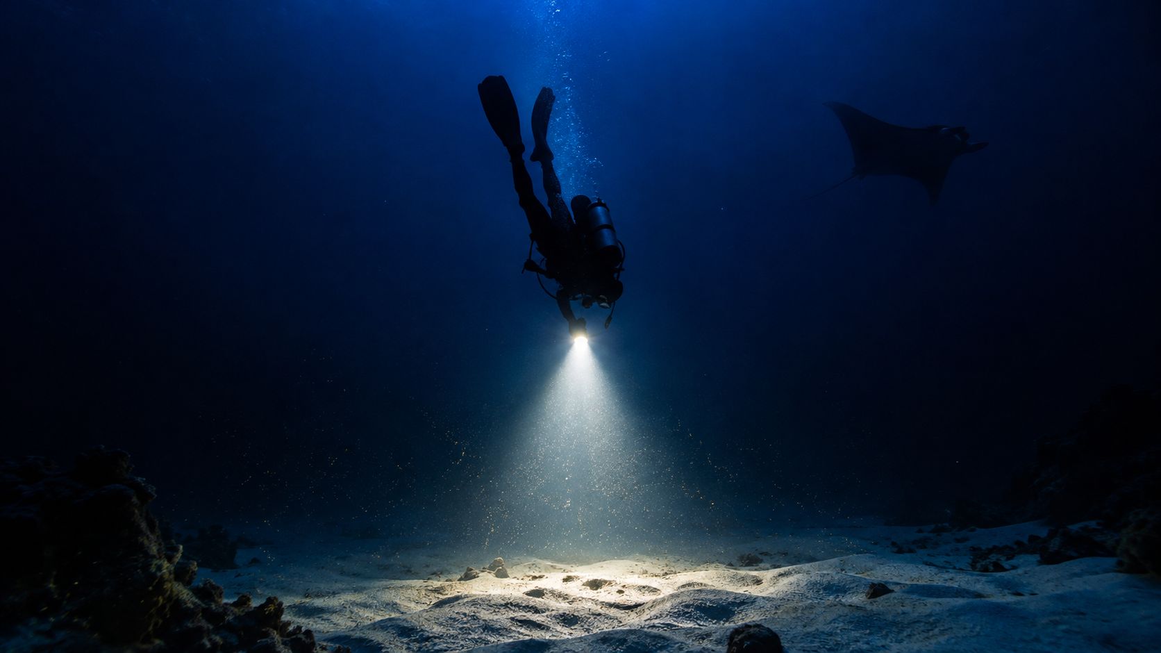 A scuba diver descends through deep blue water with a bright flashlight illuminating the sandy ocean floor.