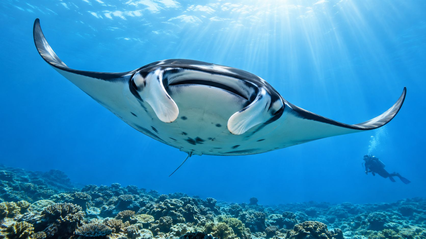 A majestic manta ray swims gracefully over a colorful coral reef with a scuba diver nearby.