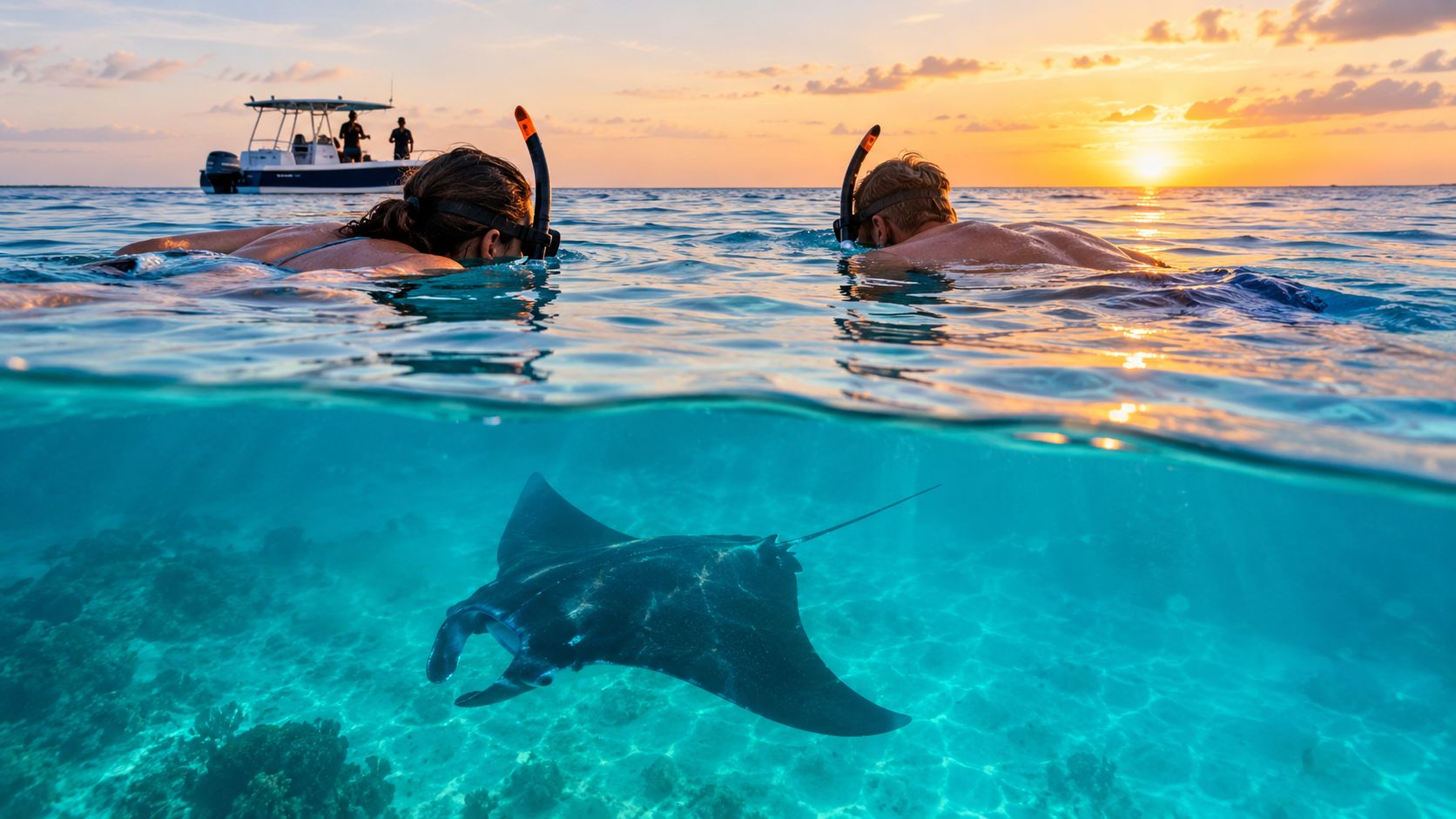 A man and a woman snorkeling in clear tropical water above a graceful manta ray at sunset.