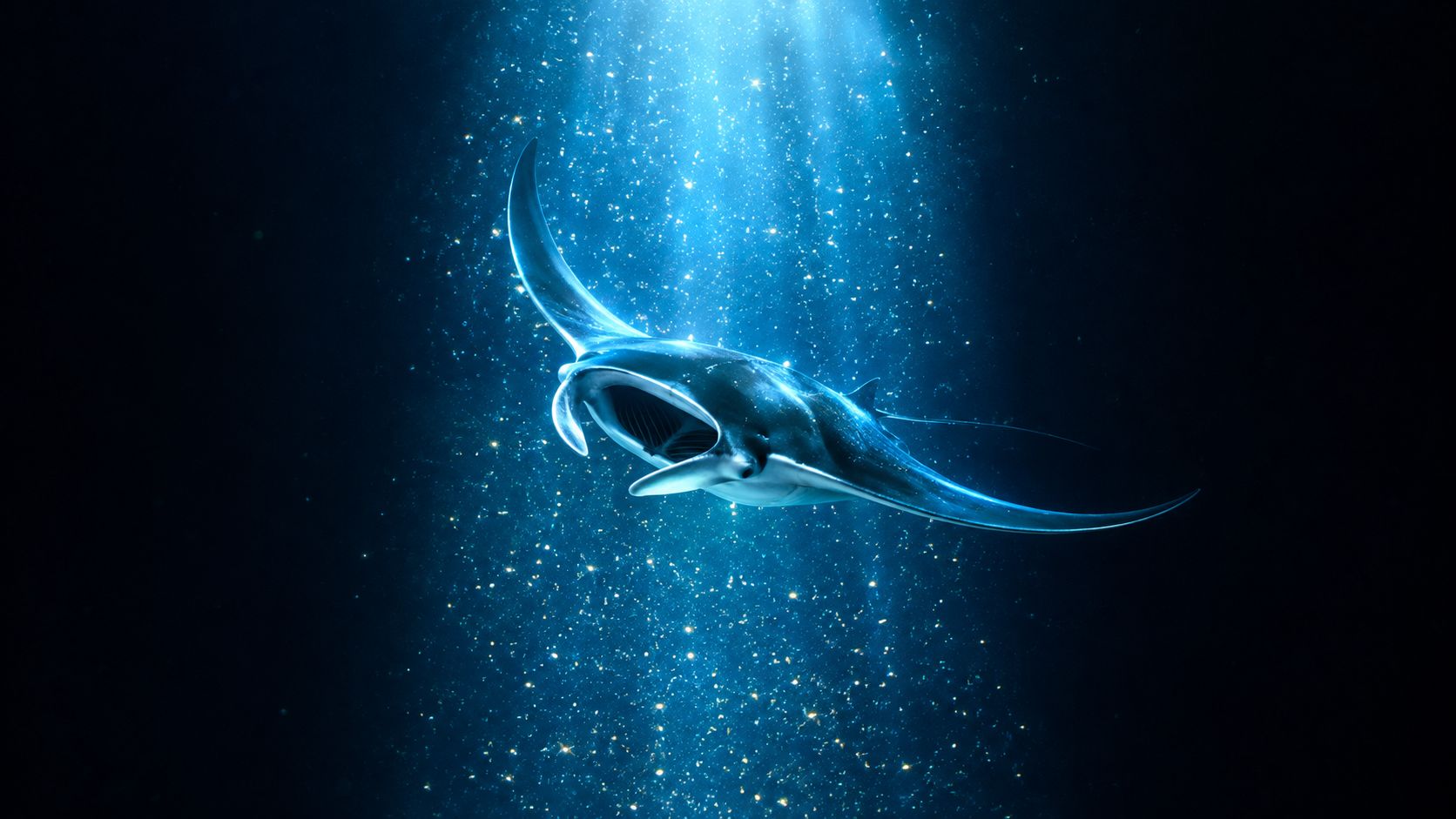 A majestic manta ray swimming gracefully through deep blue ocean waters illuminated by ethereal light beams.