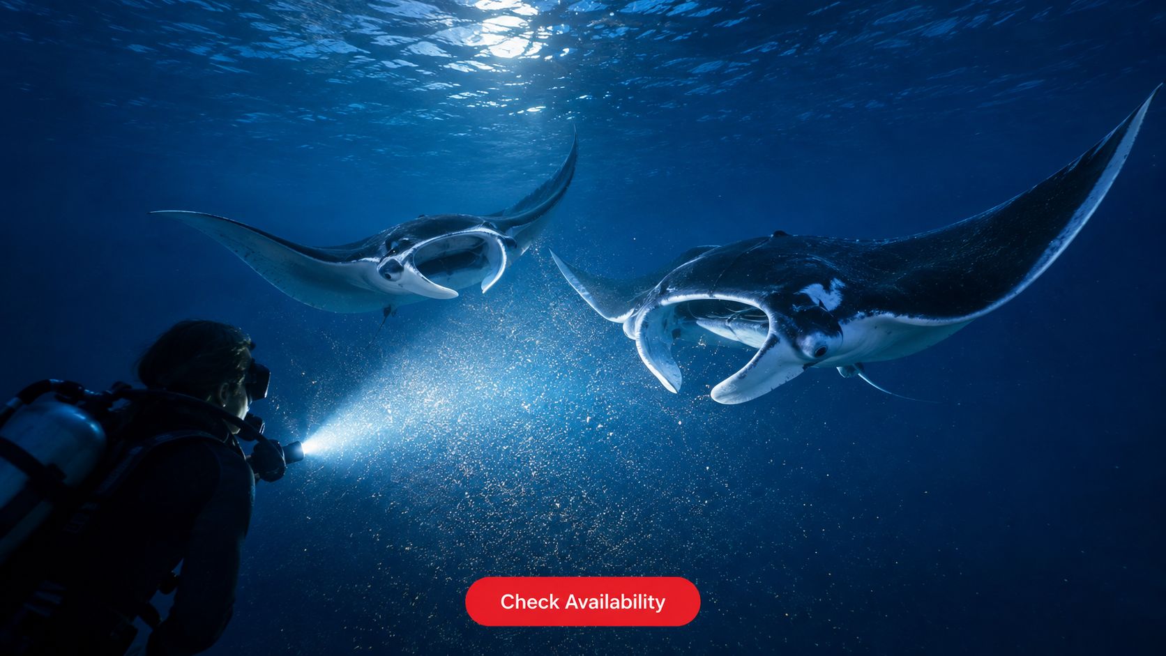 A scuba diver shines a flashlight on two graceful manta rays swimming in the deep blue ocean.