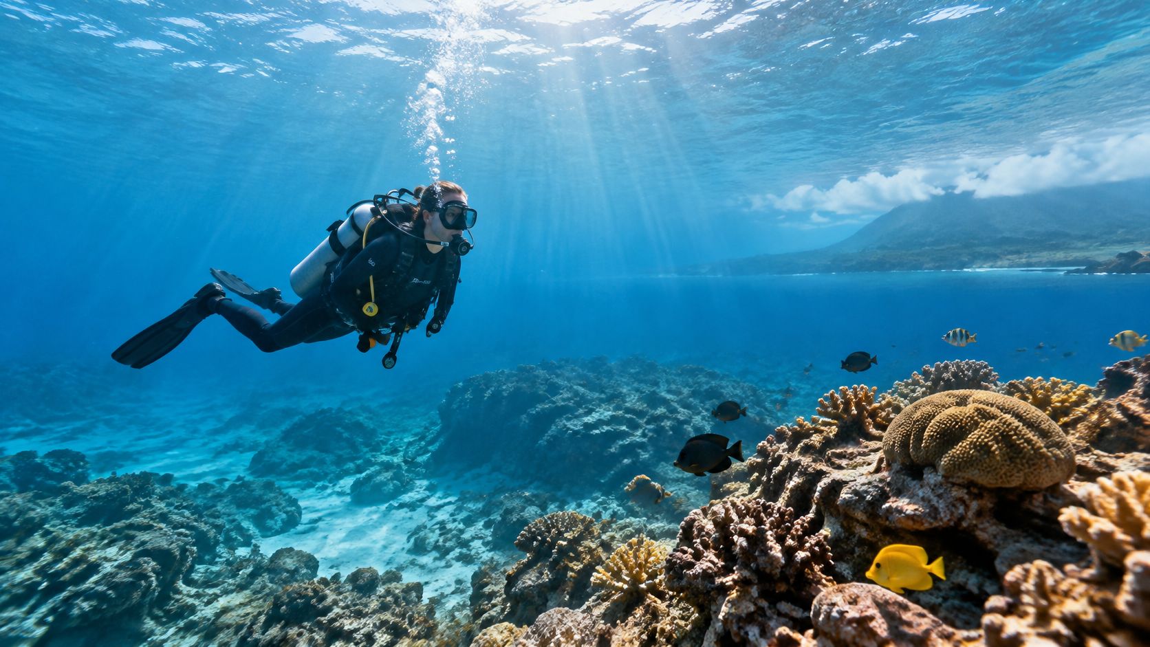 A scuba diver explores a vibrant coral reef in the crystal clear blue waters of Kailua Kona.