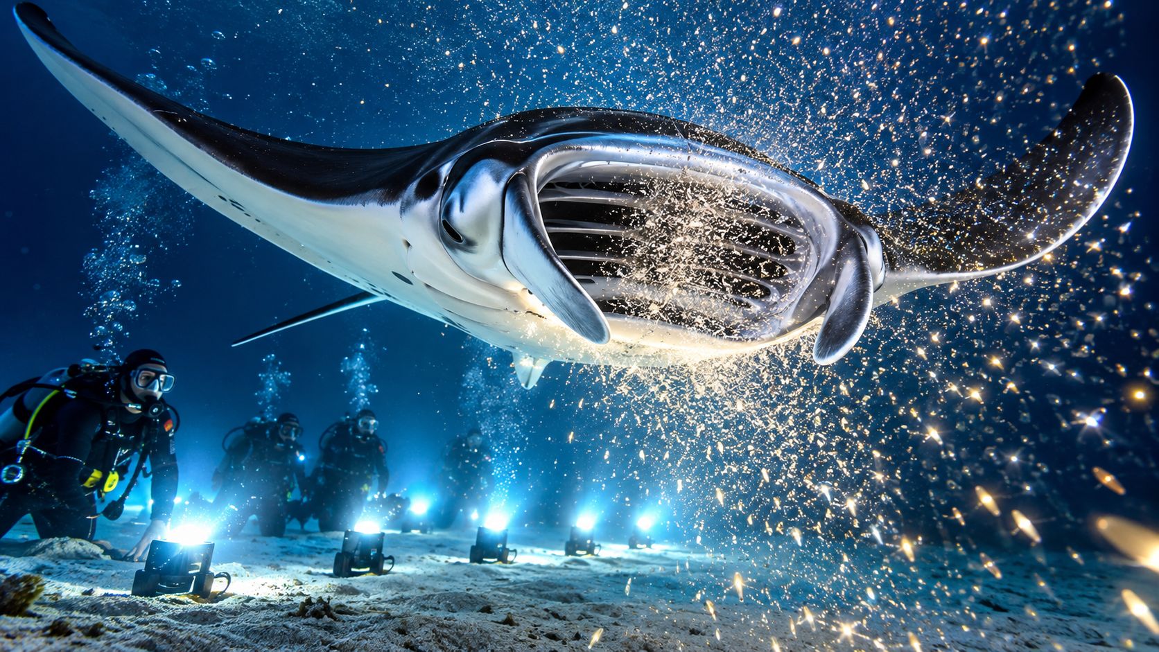 Scuba divers with underwater lights watch a majestic manta ray swimming above them at night.