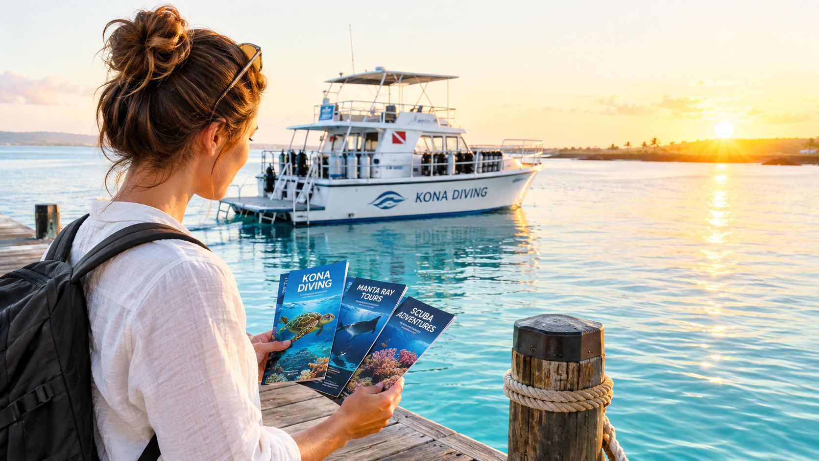A woman holding brochures for Kona Diving tours while standing on a dock near a dive boat.