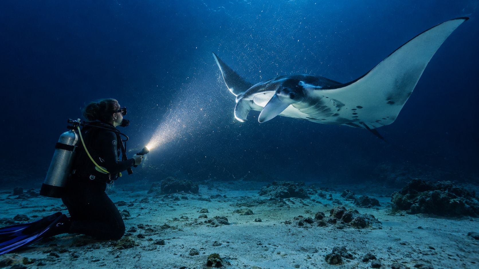 A scuba diver kneeling on the sandy ocean floor shines a light on a majestic manta ray