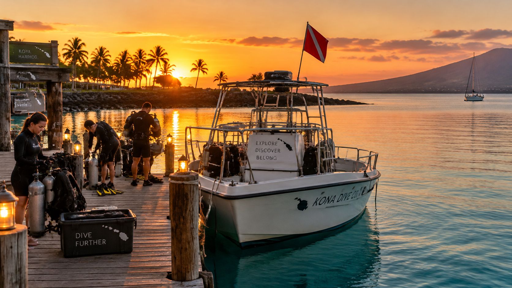Scuba divers prepare gear on a wooden pier next to a dive boat during a sunset in Hawaii.