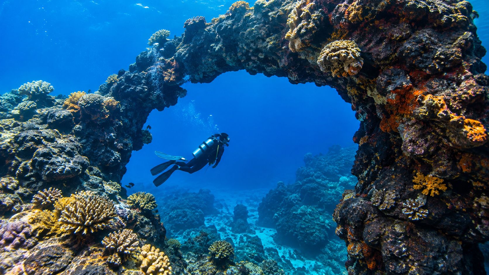 A scuba diver swims through a natural coral reef archway in the deep blue ocean waters.