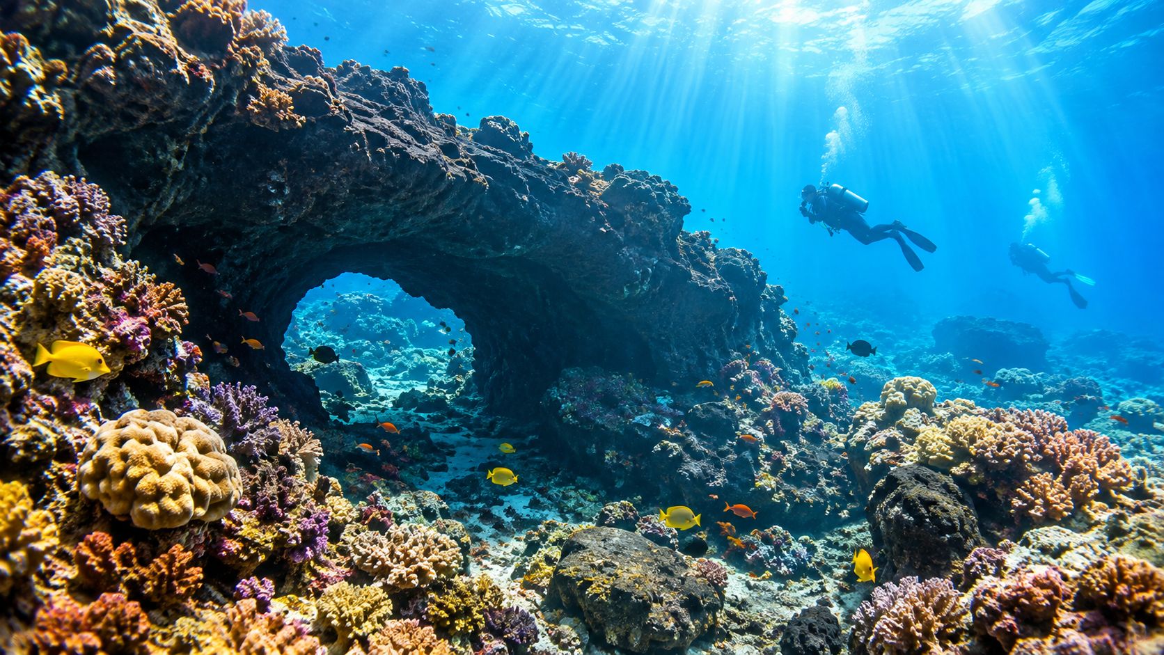 Scuba divers swimming through an underwater coral reef archway in crystal clear blue tropical ocean water.
